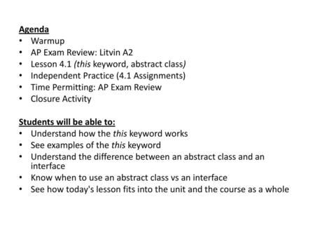 Agenda Warmup AP Exam Review: Litvin A2