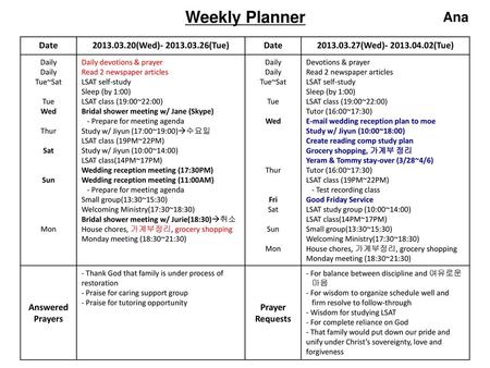 Weekly Planner Ana Date (Wed) (Tue)