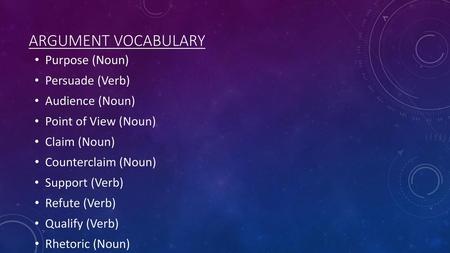 Argument vocabulary Purpose (Noun) Persuade (Verb) Audience (Noun)