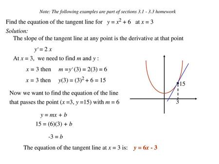 Find the equation of the tangent line for y = x2 + 6 at x = 3