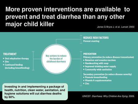 More proven interventions are available to prevent and treat diarrhea than any other major child killer Jones G Bryce J. et al. Lancet. 2003 Investing.