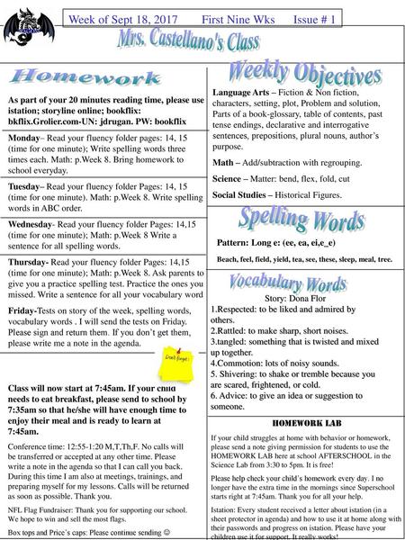 Weekly Objectives Homework Spelling Words