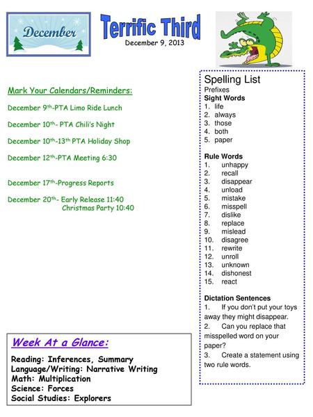 Terrific Third Spelling List Week At a Glance: