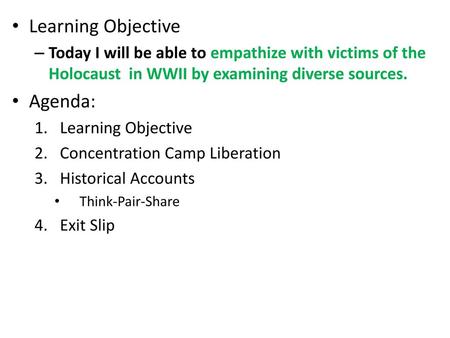 Learning Objective Agenda: