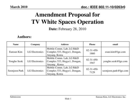 Amendment Proposal for TV White Spaces Operation