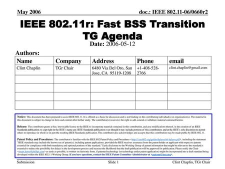 IEEE r: Fast BSS Transition TG Agenda