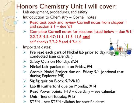 Honors Chemistry Unit I will cover: