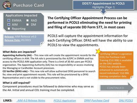 DD577 Appointment in PCOLS