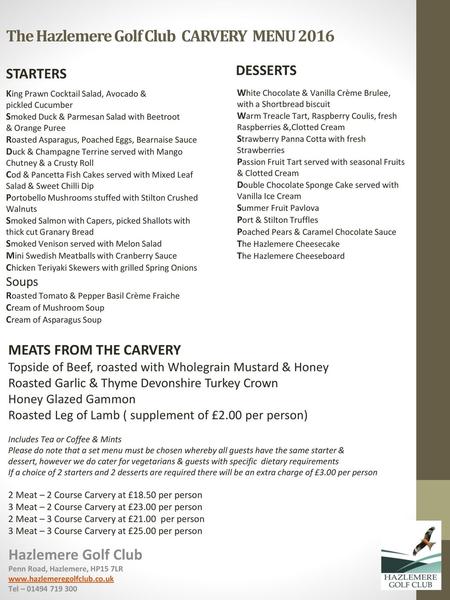 The Hazlemere Golf Club CARVERY MENU 2016