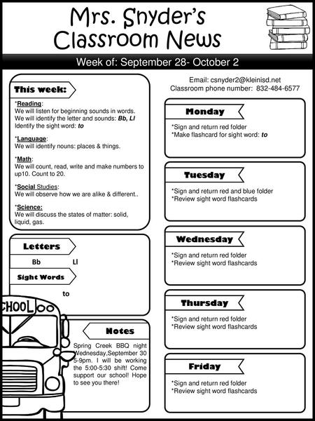 Mrs. Snyder’s Classroom News