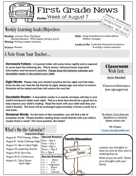 Weekly Learning Goals/Objectives