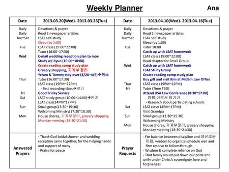 Weekly Planner Ana Date (Wed) (Tue)