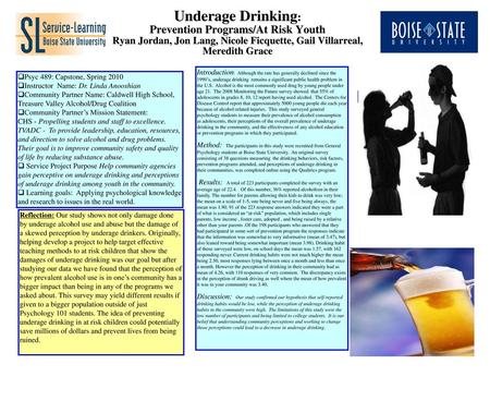 Underage Drinking: Prevention Programs/At Risk Youth Ryan Jordan, Jon Lang, Nicole Ficquette, Gail Villarreal, Meredith Grace Introduction: Although.