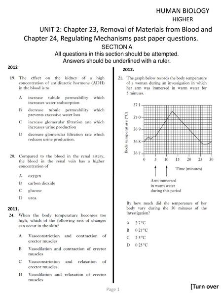 HUMAN BIOLOGY HIGHER UNIT 2: Chapter 23, Removal of Materials from Blood and Chapter 24, Regulating Mechanisms past paper questions. SECTION A All questions.