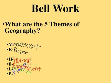 Bell Work What are the 5 Themes of Geography? M- R- H- E- L- P-