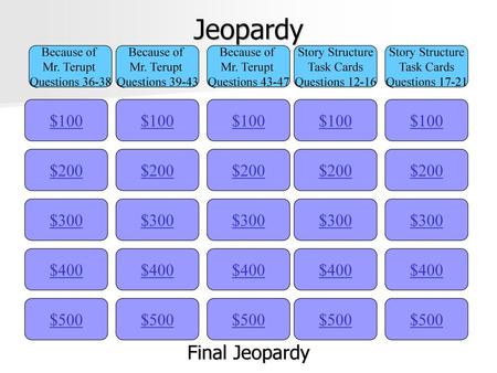 Jeopardy Final Jeopardy $100 $100 $100 $100 $100 $200 $200 $200 $200