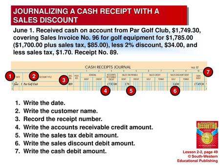 JOURNALIZING A CASH RECEIPT WITH A SALES DISCOUNT