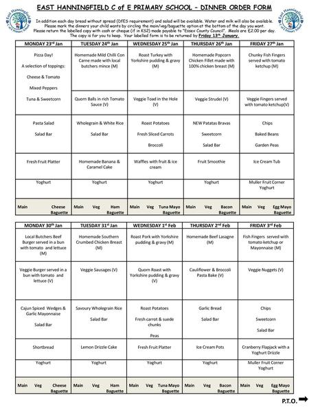 EAST HANNINGFIELD C of E PRIMARY SCHOOL – DINNER ORDER FORM