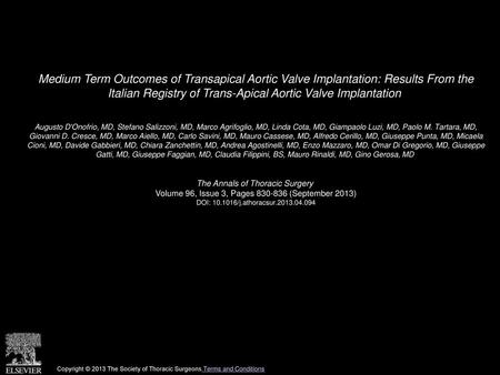 Medium Term Outcomes of Transapical Aortic Valve Implantation: Results From the Italian Registry of Trans-Apical Aortic Valve Implantation  Augusto D'Onofrio,