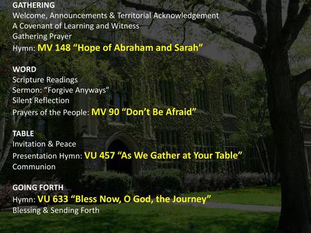 GATHERING Welcome, Announcements & Territorial Acknowledgement A Covenant of Learning and Witness Gathering Prayer Hymn: MV 148 “Hope of Abraham and Sarah”