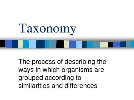 Taxonomy The process of describing the ways in which organisms are grouped according to similarities and differences.