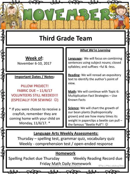 Important Dates / Notes: Language Arts Weekly Assessments: