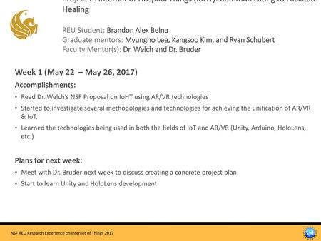 Project 8: Internet of Hospital Things (IoHT): Communicating to Facilitate Healing REU Student: Brandon Alex Belna Graduate mentors: Myungho Lee,