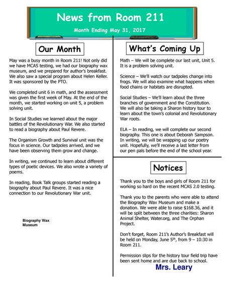 News from Room 211 Our Month What’s Coming Up Notices Mrs. Leary