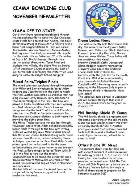 KIAMA BOWLING CLUB NOVEMBER NEWSLETTER KIAMA OFF TO STATE