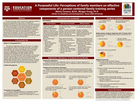 A Purposeful Life: Perceptions of family members on effective components of a person-centered family training series Melina Cavazos, M.Ed., Meagan Orsag,