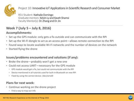 Project 10: Innovative IoT Applications in Scientific Research and Consumer Market REU Student: Nathalie Domingo Graduate mentors: Kelvin Ly and Kaveh.