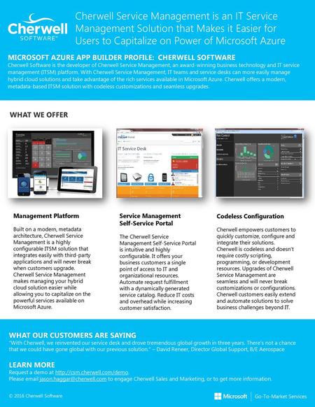 Cherwell Service Management is an IT Service Management Solution that Makes it Easier for Users to Capitalize on Power of Microsoft Azure MICROSOFT AZURE.