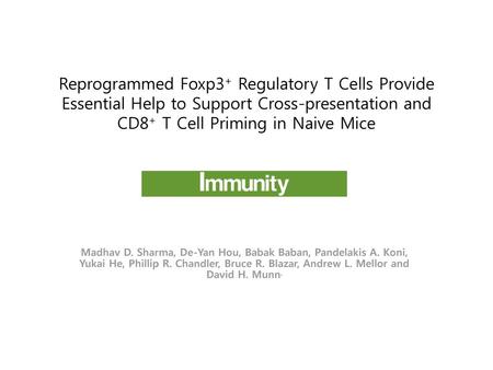 Reprogrammed Foxp3+ Regulatory T Cells Provide Essential Help to Support Cross-presentation and CD8+ T Cell Priming in Naive Mice Madhav D. Sharma, De-Yan.