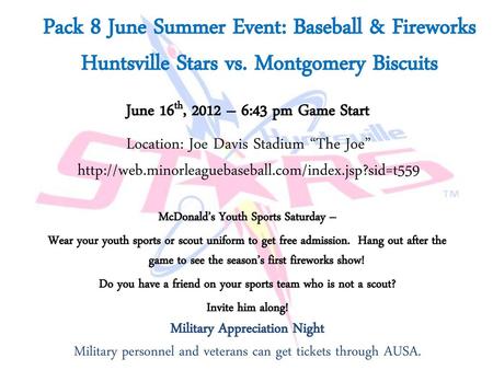 Pack 8 June Summer Event: Baseball & Fireworks