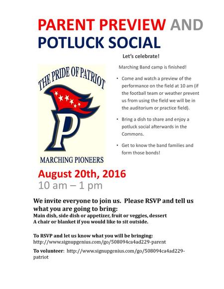 Parent Preview and Potluck social