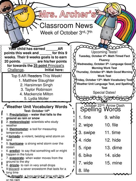 Mrs. Archer’s Classroom News Spelling Words Week of October 3rd-7th