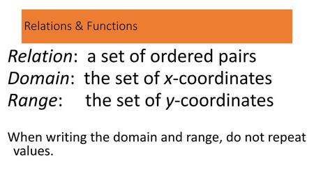 Relation: a set of ordered pairs Domain: the set of x-coordinates