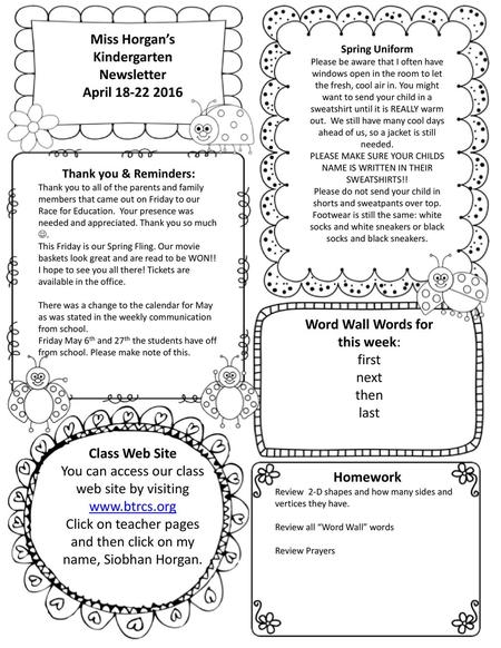 Miss Horgan’s Kindergarten Newsletter