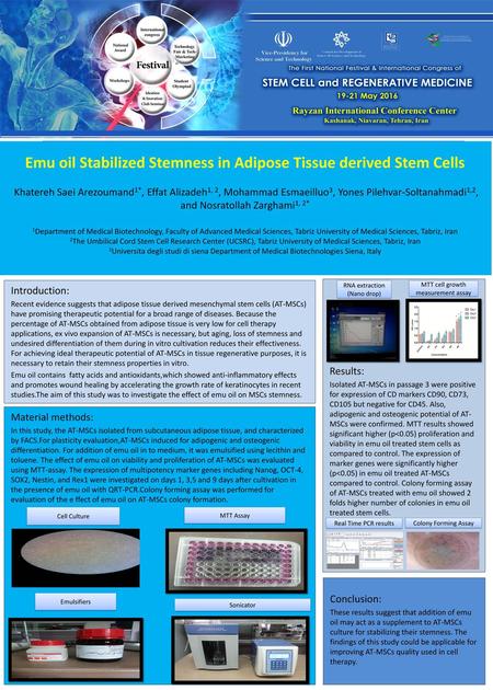 Emu oil Stabilized Stemness in Adipose Tissue derived Stem Cells  Khatereh Saei Arezoumand1*, Effat Alizadeh1, 2, Mohammad Esmaeilluo3, Yones Pilehvar-Soltanahmadi1,2,