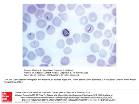 Thin film Giemsa-stained micrograph with Plasmodium malariae trophozoite. (From Steven Glenn, Laboratory & Consultation Division, Public Health Image Library,