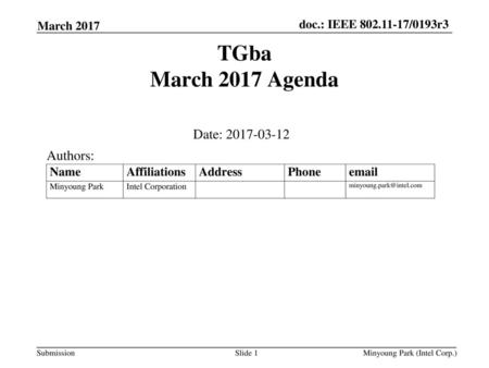 TGba March 2017 Agenda Date: Authors: March 2017