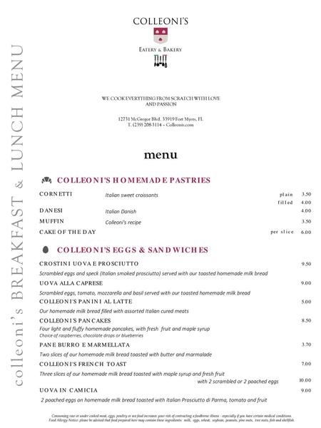 colleoni’s BREAKFAST & LUNCH MENU