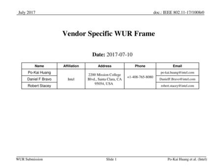 Vendor Specific WUR Frame