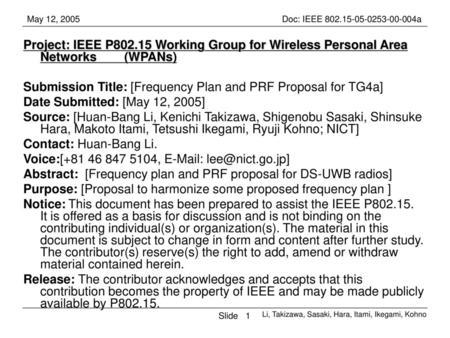 Submission Title: [Frequency Plan and PRF Proposal for TG4a]