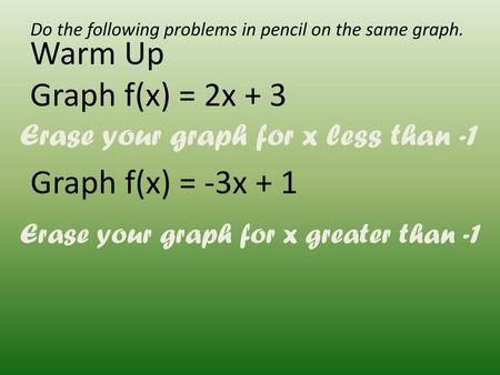 Warm Up Graph f(x) = 2x + 3 Graph f(x) = -3x + 1