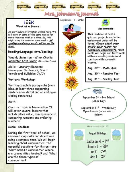 Mrs. Johnson’s Journal Jackson M. – 14th Emma L. – 28th Luz V. – 29th