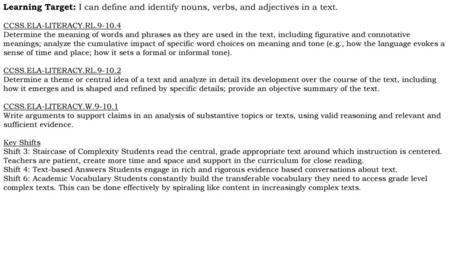 Learning Target: I can define and identify nouns, verbs, and adjectives in a text. CCSS.ELA-LITERACY.RL.9-10.4 Determine the meaning of words and phrases.