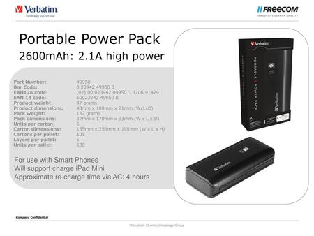 Portable Power Pack 2600mAh: 2.1A high power For use with Smart Phones