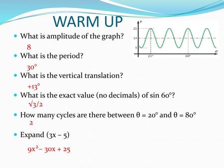 WARM UP What is amplitude of the graph? What is the period? 8