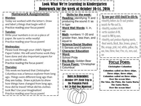 Homework Assignments: By now your child should be able to: